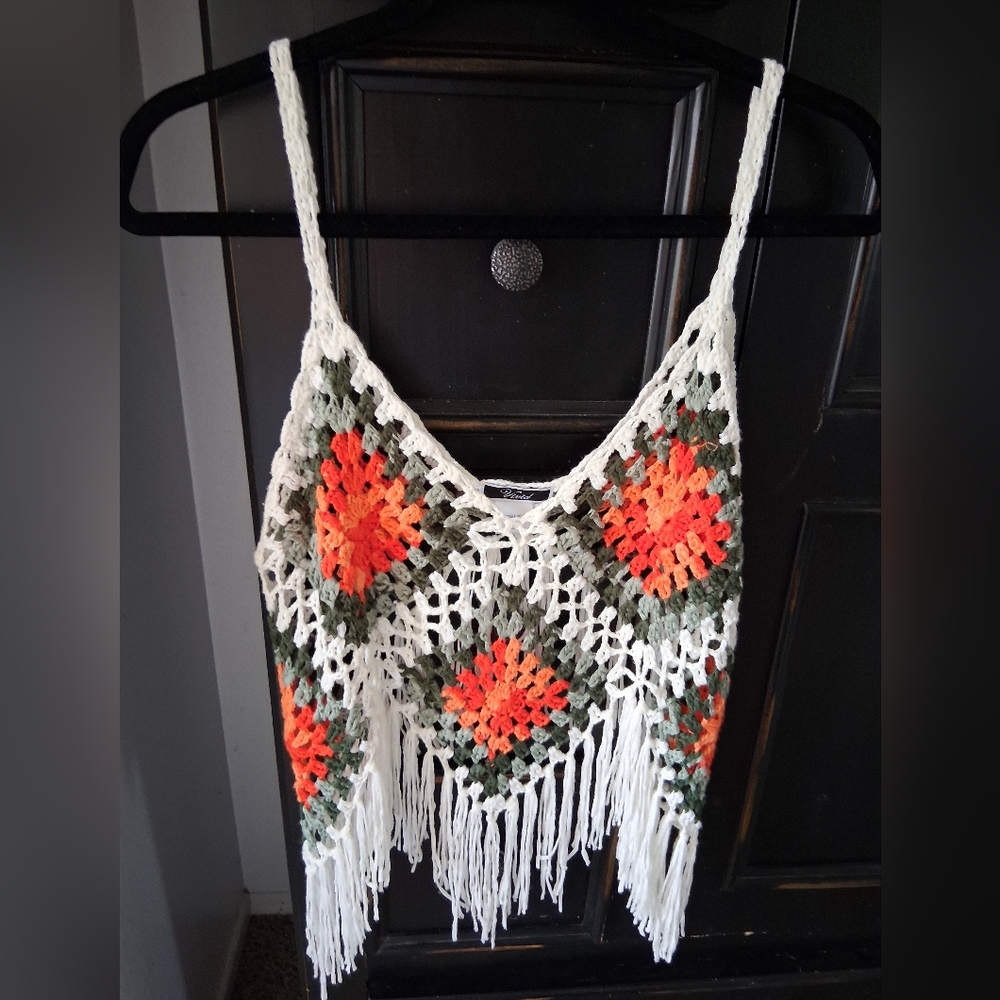 ViVi Crochet Fringe Top - White with Orange & Green Accents